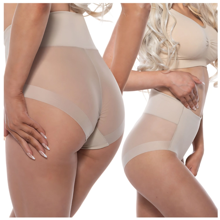 Majtki wyszczuplające z wysokim stanem beżowe z siateczką