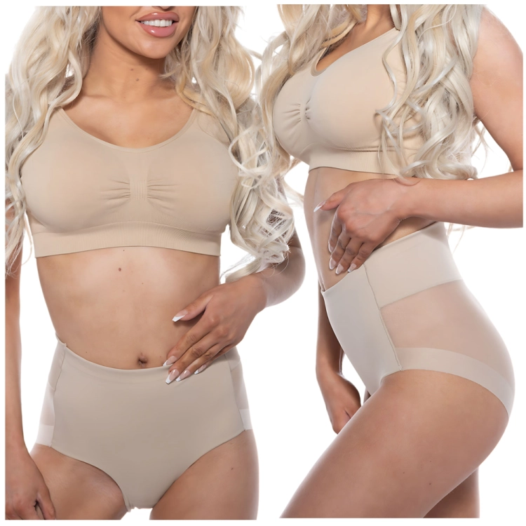 Majtki wyszczuplające z wysokim stanem beżowe z siateczką