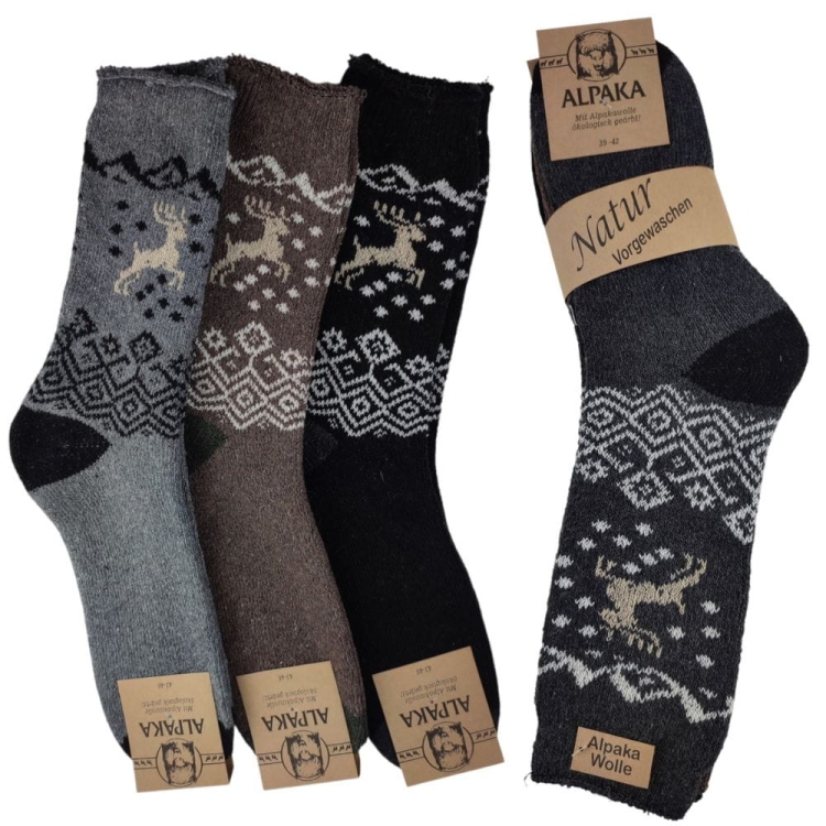 3-pak Skarpety z alpaki wełniane męskie z motywem renifera