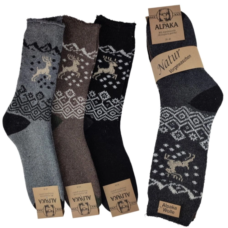 3-pak Skarpety z alpaki wełniane męskie z motywem renifera