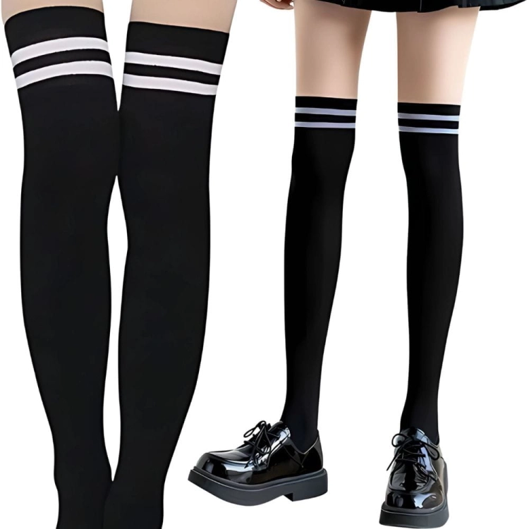 Zakolanówki damskie czarne z paskami elastyczne