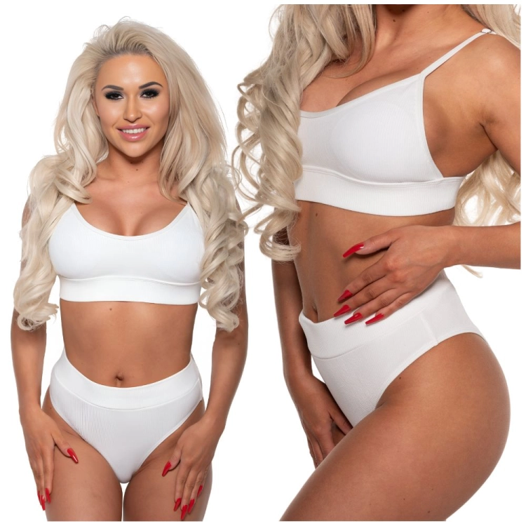 Strój kąpielowy wysoki stan prążkowany biały