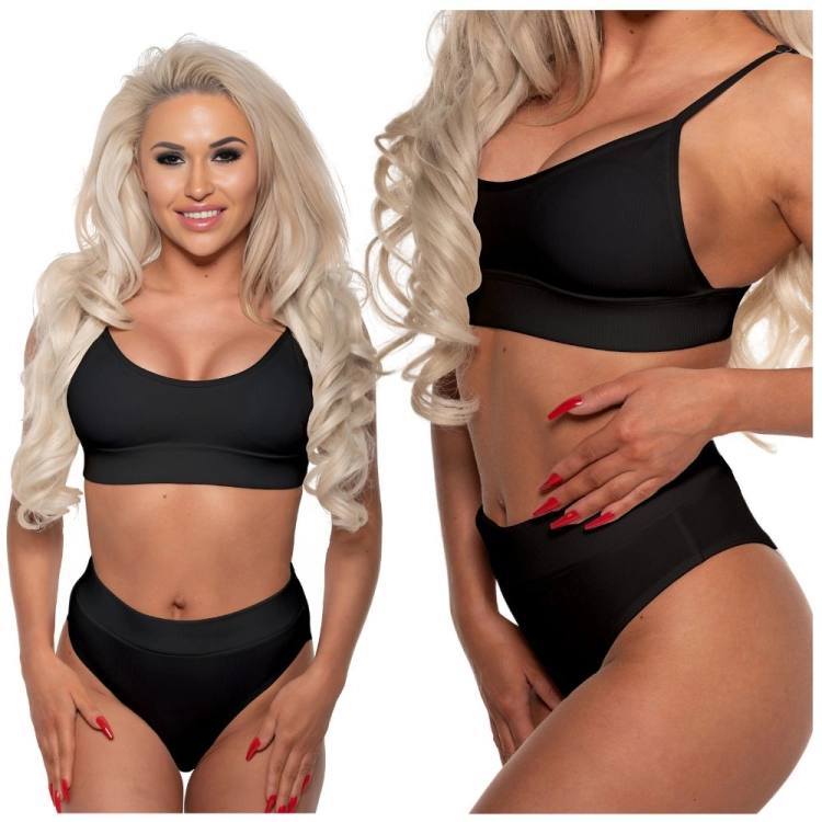 Czarny strój kąpielowy dwuczęściowy prążkowany wysoki stan