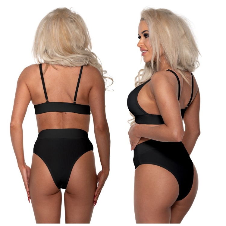 Czarny strój kąpielowy dwuczęściowy prążkowany wysoki stan