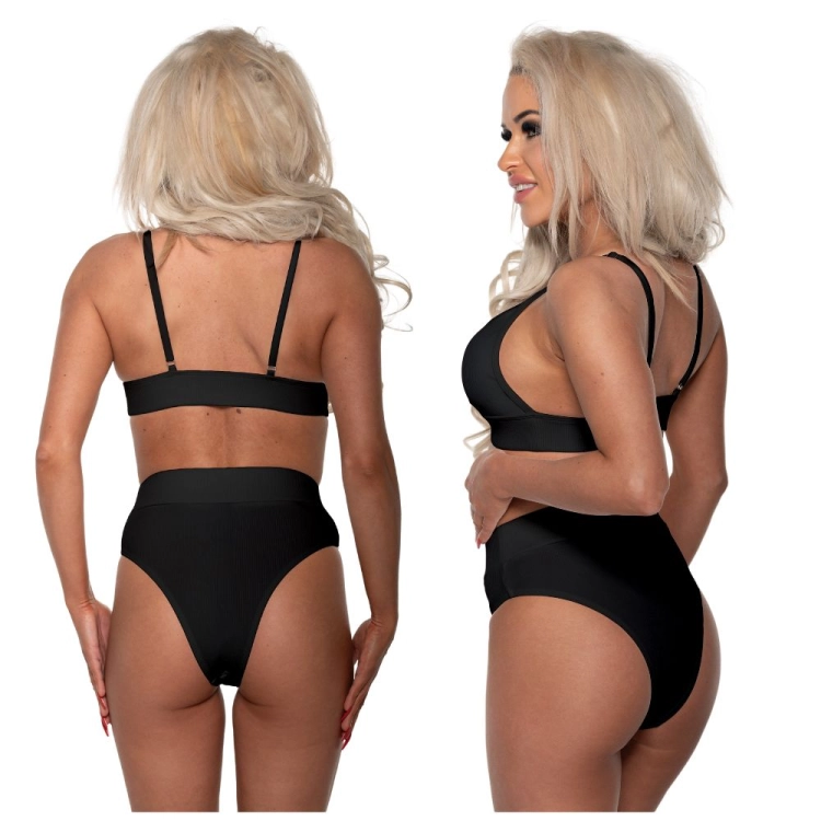 Czarny strój kąpielowy dwuczęściowy prążkowany wysoki stan