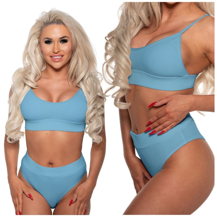 Strój kąpielowy stringi prążkowany dwuczęściowy niebieski