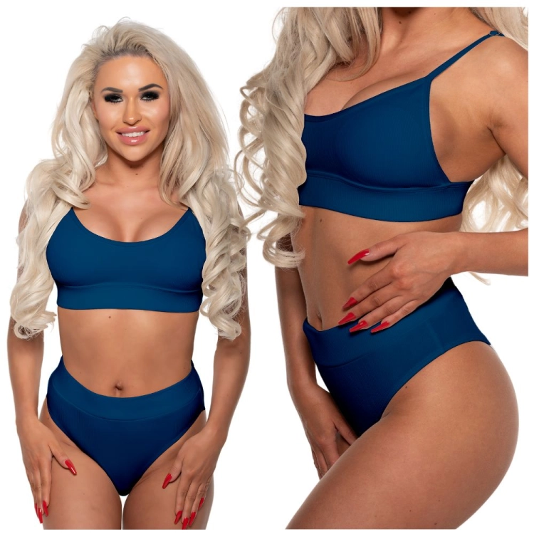 Strój kąpielowy z wysokim stanem prążkowany granatowy