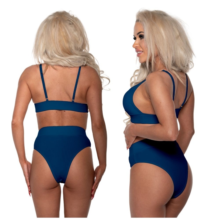 Strój kąpielowy z wysokim stanem prążkowany granatowy