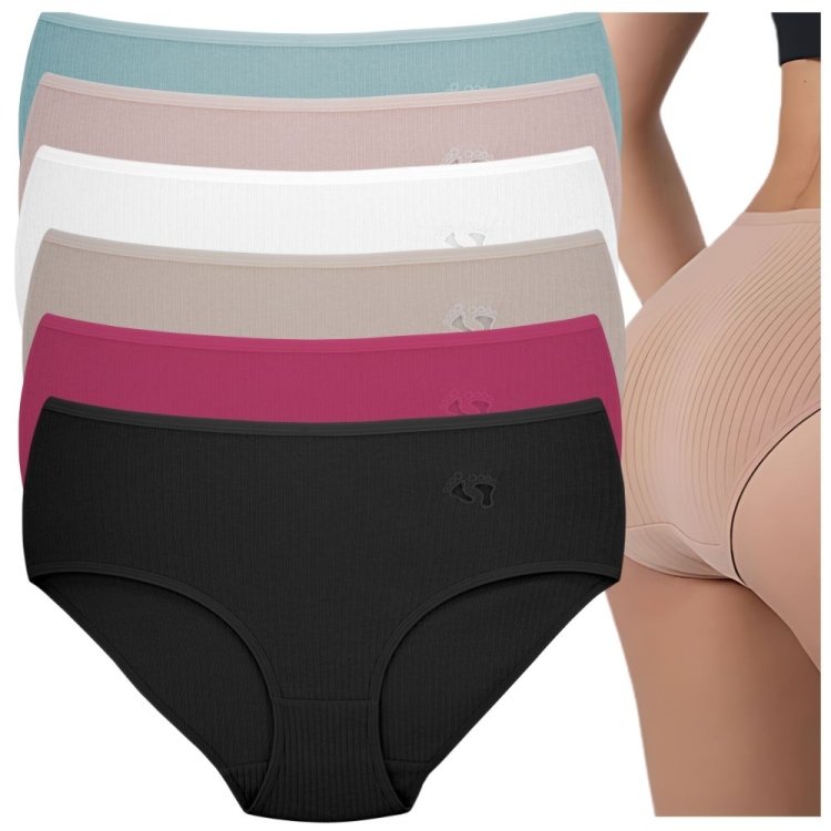 6 PAR Figi damskie w prążki z motywem łapek mix kolorów