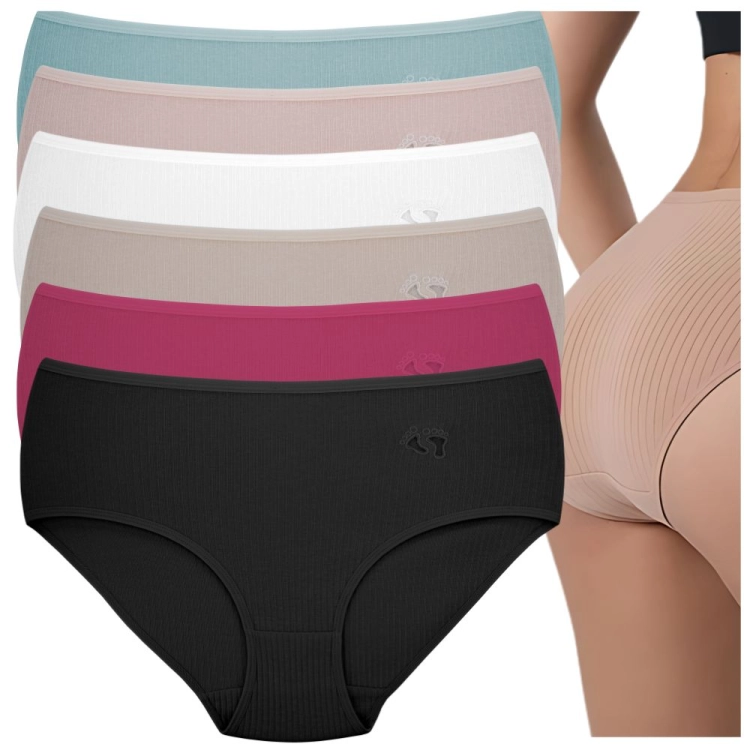 6 PAR Figi damskie w prążki z motywem łapek mix kolorów