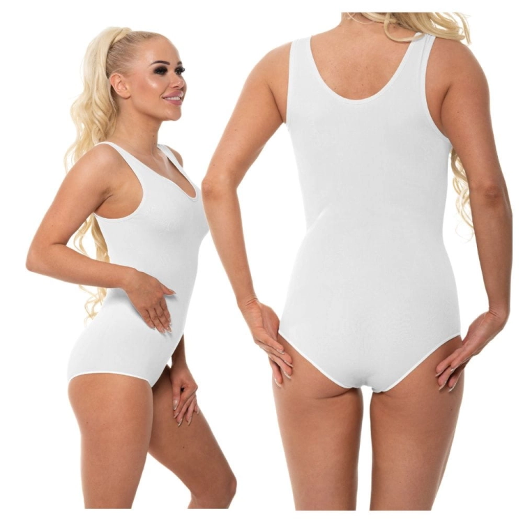Body bambusowe damskie białe z okrągłym dekoltem