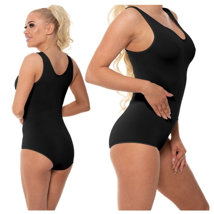 Body bambusowe damskie czarne z okrągłym dekoltem