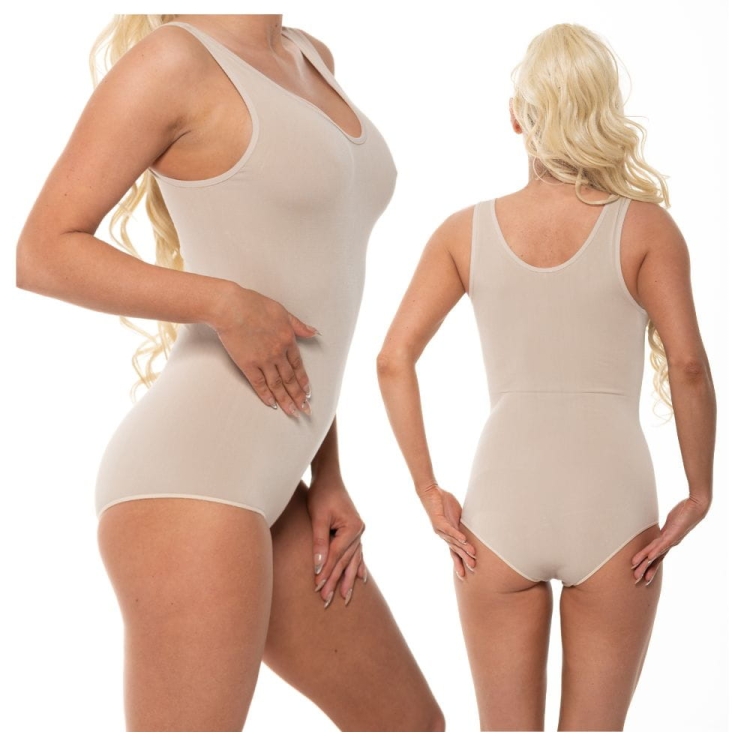 Body bambusowe damskie beżowe z okrągłym dekoltem