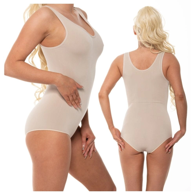 Body bambusowe damskie beżowe z okrągłym dekoltem