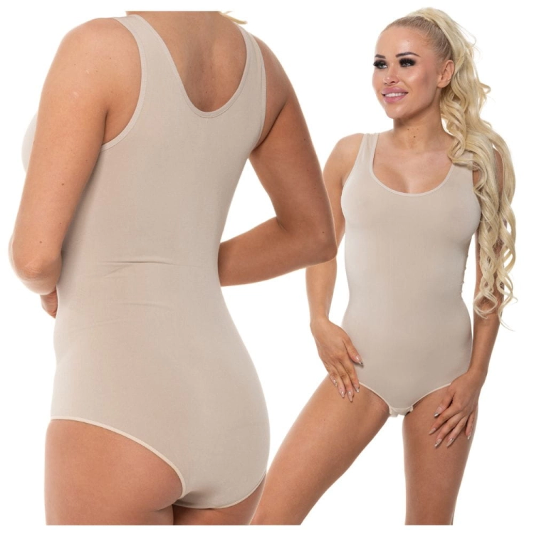 Body bambusowe damskie beżowe z okrągłym dekoltem