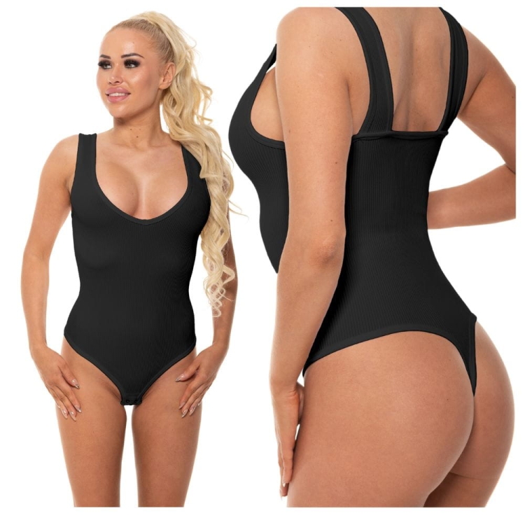Body prążkowane czarne na ramiączkach V-neck