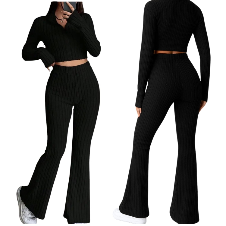 Komplet Spodnie Bluzka Dzwony i Crop Top Rozciągliwe