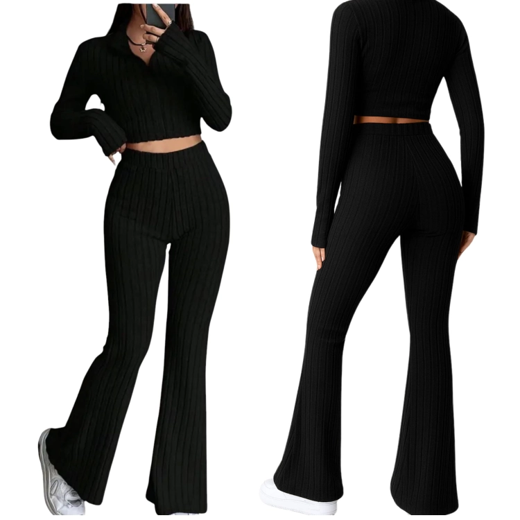 Komplet Spodnie Bluzka Dzwony i Crop Top Rozciągliwe