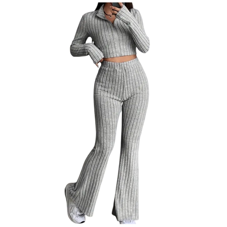 Komplet Spodnie Bluzka Dzwony i Crop Top Rozciągliwe