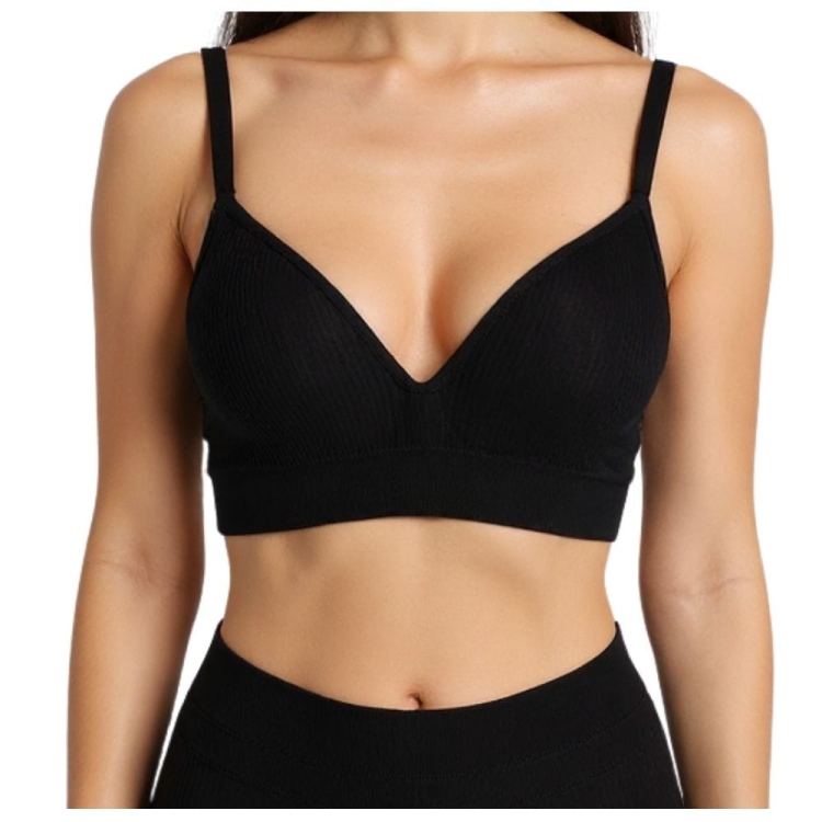 Biustonosz Bez Fiszbin Push-up Czarny z Prążkowanej Dzianiny