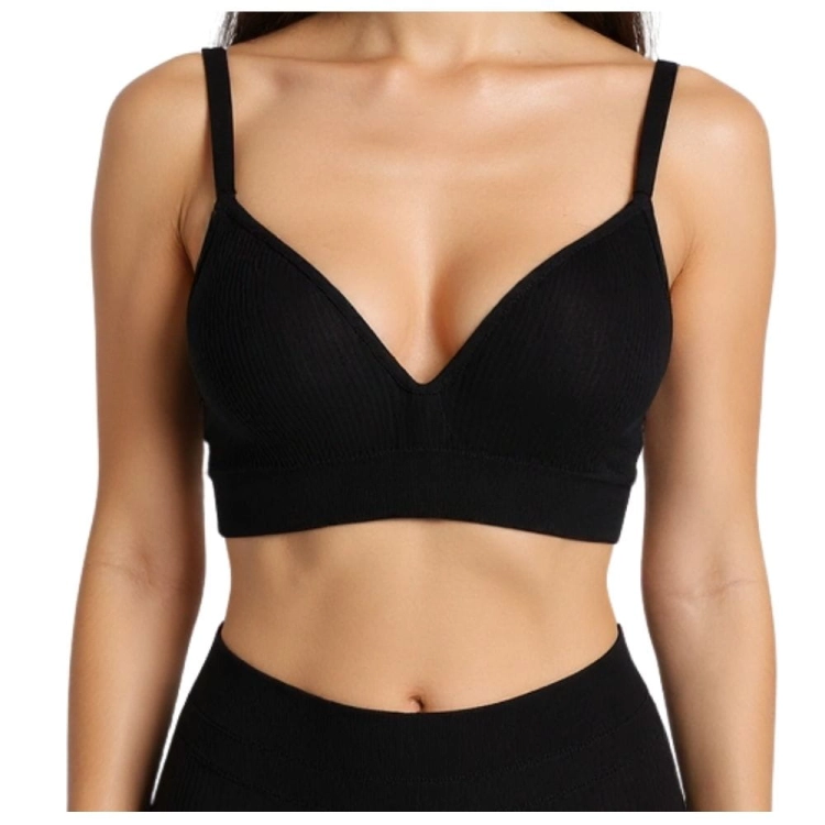 Biustonosz Bez Fiszbin Push-up Czarny z Prążkowanej Dzianiny
