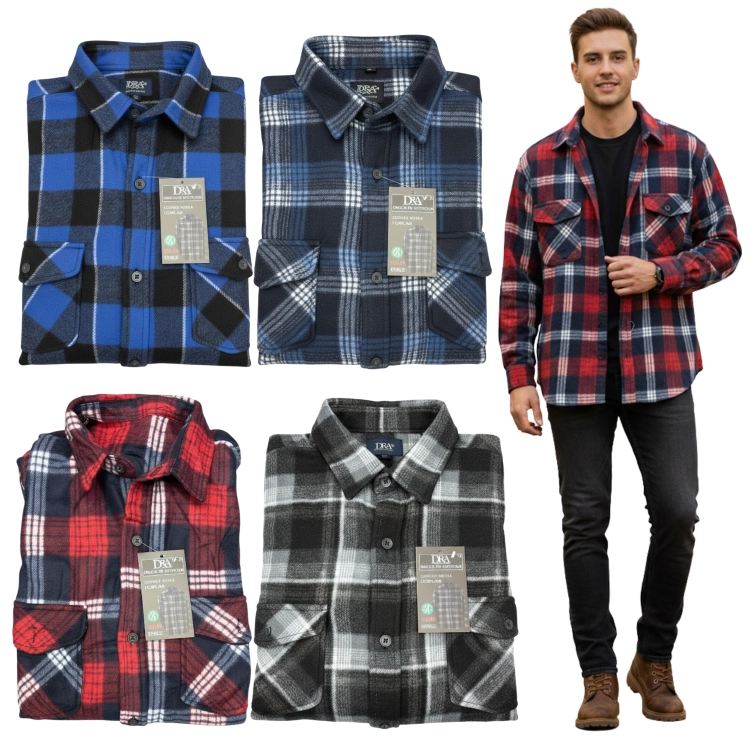 Koszula Męska Polarowa W Kratę Z Kieszeniami Guziki Ciepła