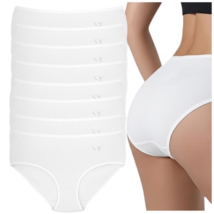Majtki Bawełniane Figi Damskie Zestaw Prążkowane Białe 8-Pak