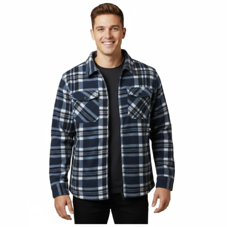 Koszula Polarowa Męska W Kratę Z Kieszeniami Na Zamek Ciepła