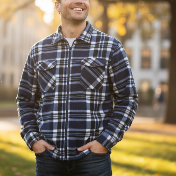Koszula Polarowa Męska W Kratę Z Kieszeniami Na Zamek Ciepła