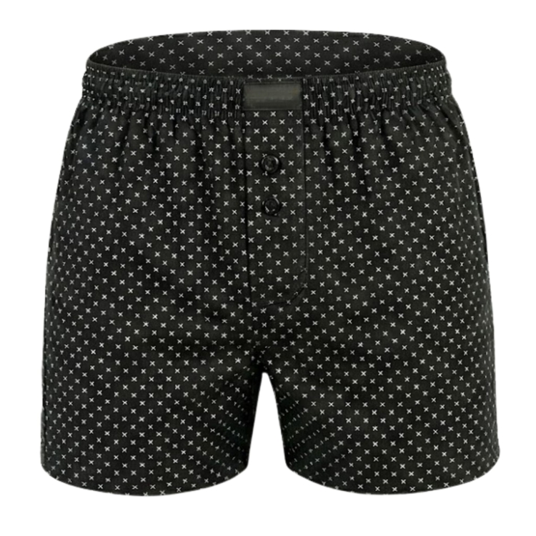 Czarne bokserki męskie luźne do spania we wzory krzyżyków i kółek.