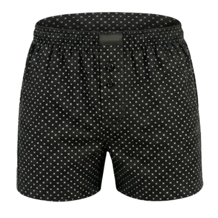 Czarne bokserki męskie luźne do spania we wzory krzyżyków i kółek.