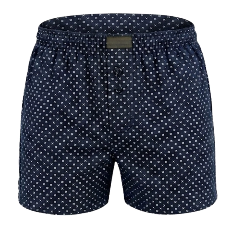 Niebieskie bokserki męskie luźne 100% bawełna we wzory kolorowych postaci i krzyżyków.