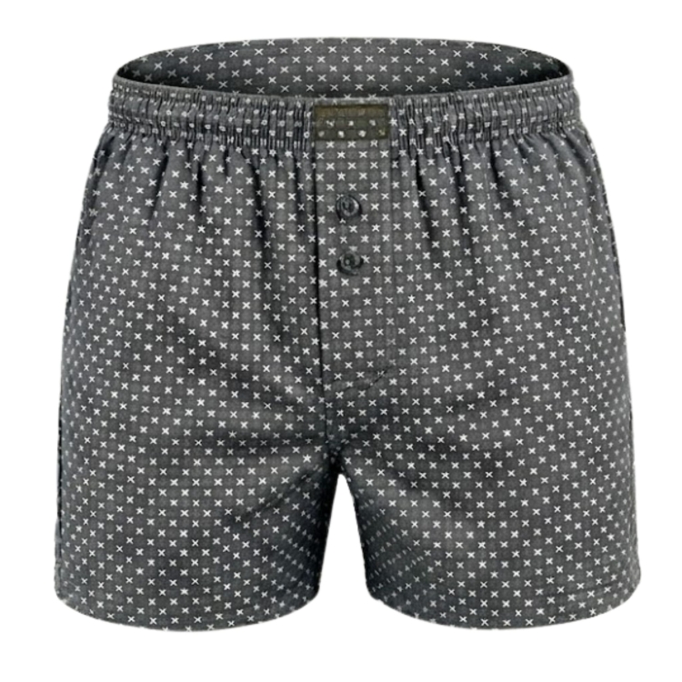 Ciemnoszare bokserki męskie luźne do spania we wzory krzyżyków i kółek.