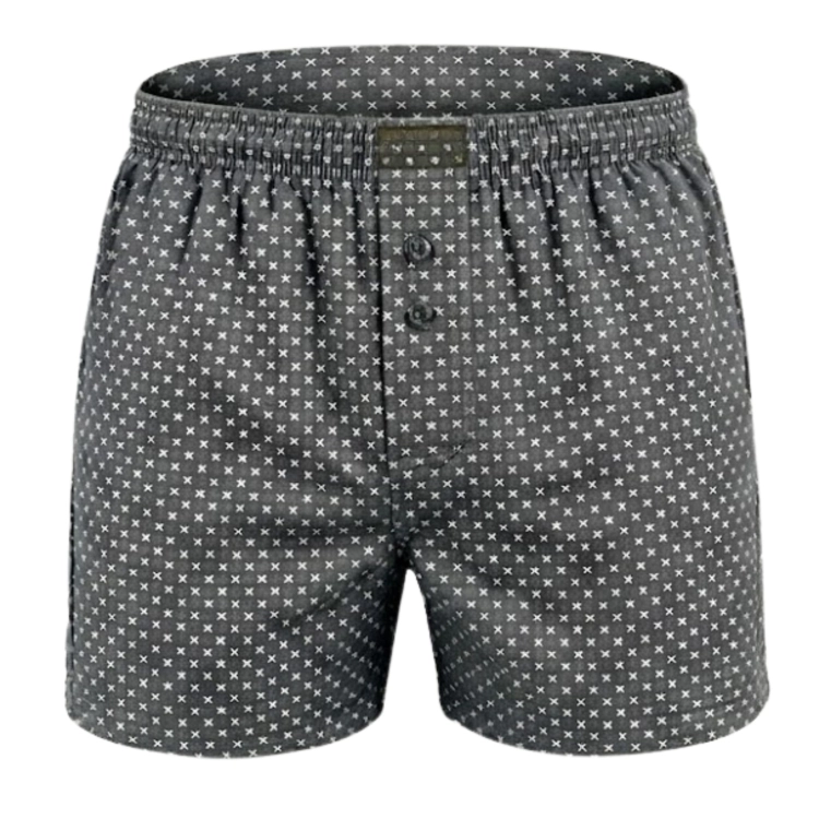 Ciemnoszare bokserki męskie luźne do spania we wzory krzyżyków i kółek.