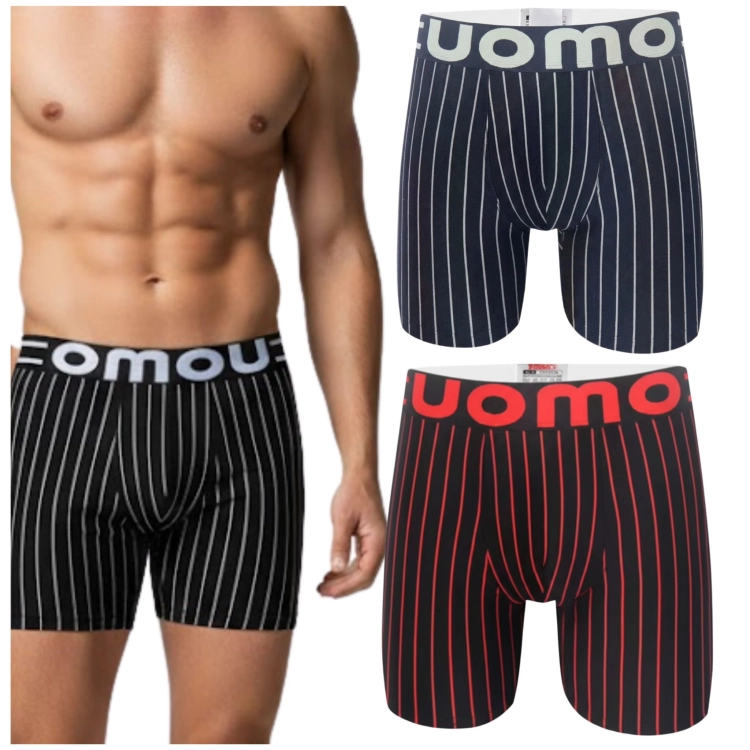 Męskie bokserki z długą nogawką zestaw 3-pak w paski na modelu oraz warianty kolorystyczne granatowy i czarno-czerwony.