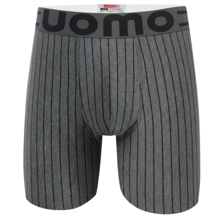 Szare bokserki z długą nogawką w ciemne pionowe paski z szeroką gumą UOMO