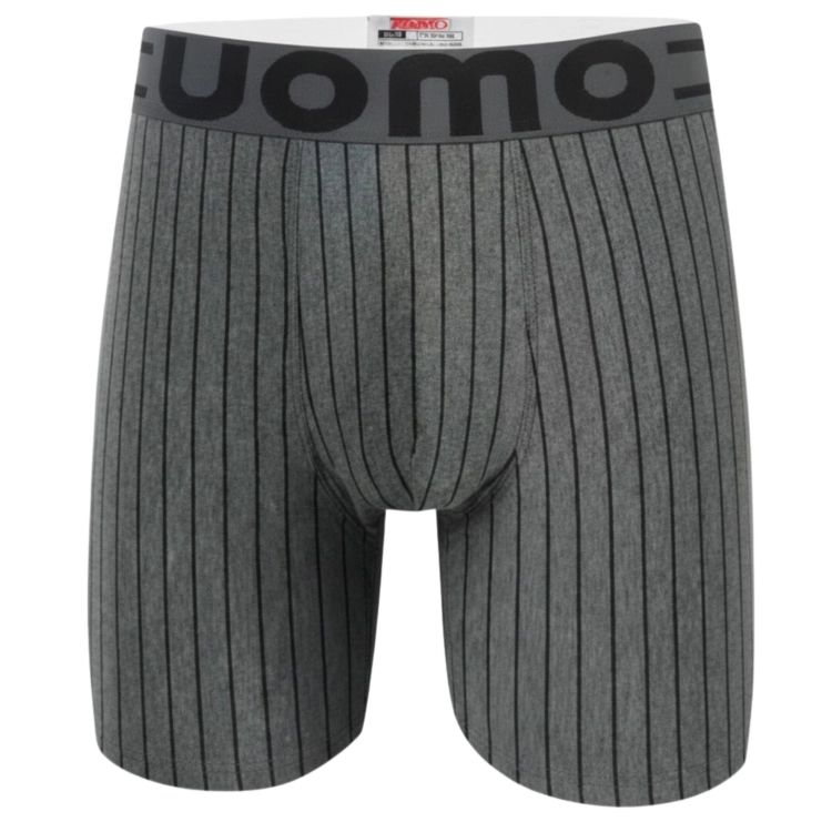 Szare bokserki z długą nogawką w ciemne pionowe paski z szeroką gumą UOMO