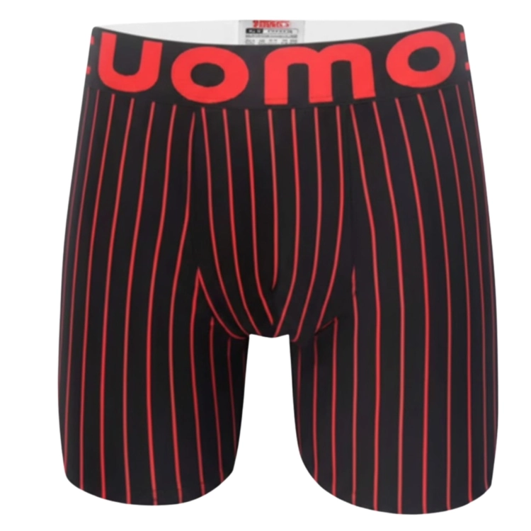 Czarne bokserki z długą nogawką z czerwonymi pionowymi paskami i elastycznym pasem.
