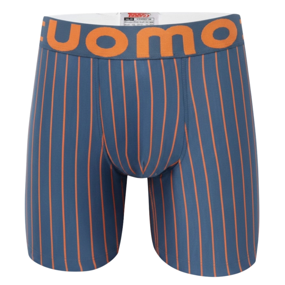 Niebieskie bokserki z długą nogawką z pomarańczowymi pionowymi liniami i logo UOMO