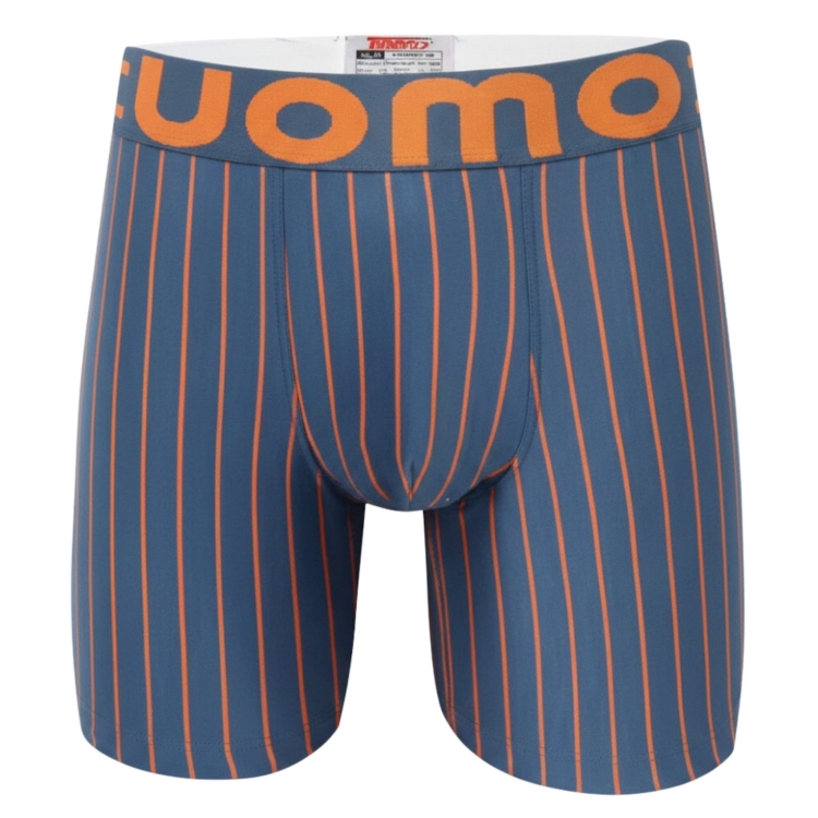 Niebieskie bokserki z długą nogawką z pomarańczowymi pionowymi liniami i logo UOMO