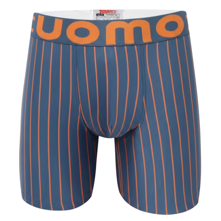 Niebieskie bokserki z długą nogawką z pomarańczowymi pionowymi liniami i logo UOMO