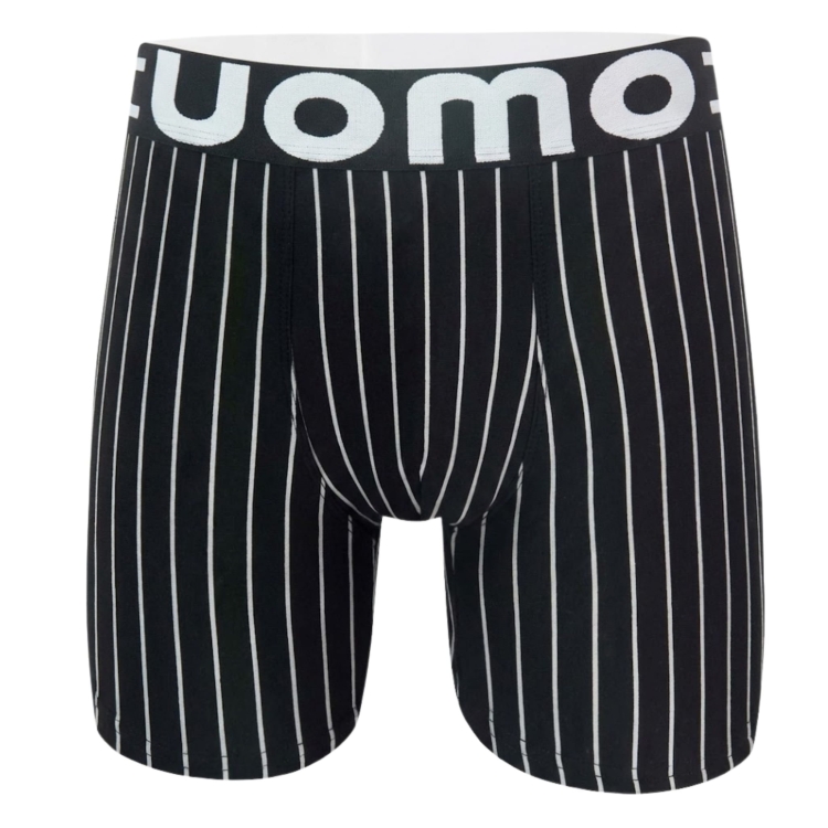Klasyczne czarne bokserki z długą nogawką w cienkie białe paski bawełniane