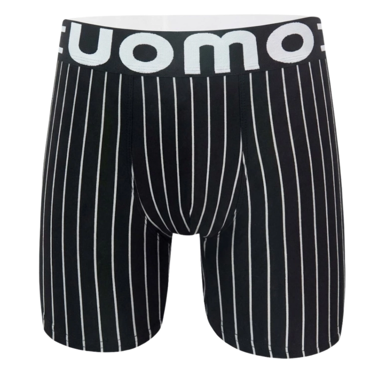 Klasyczne czarne bokserki z długą nogawką w cienkie białe paski bawełniane