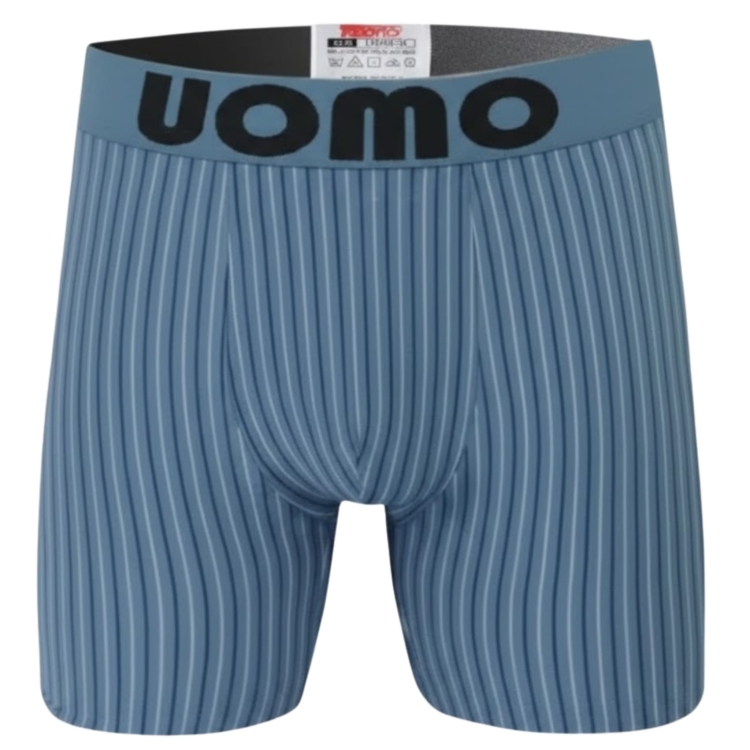 Jasnoniebieskie bokserki z długą nogawką w grafitowe paski z dopasowaną gumką