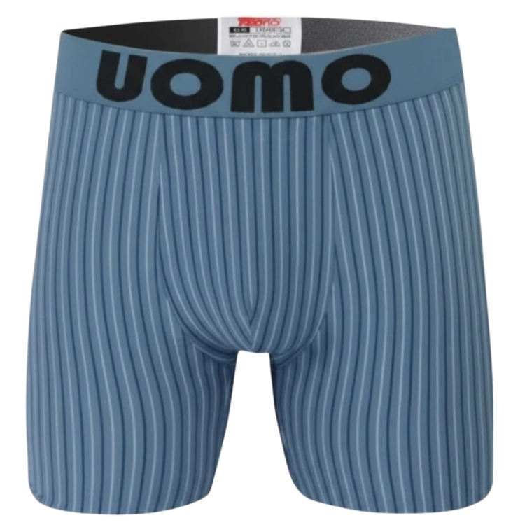 Jasnoniebieskie bokserki z długą nogawką w grafitowe paski z dopasowaną gumką