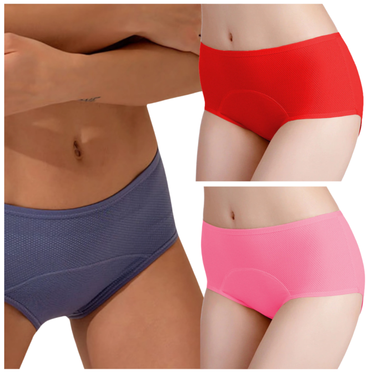 Majtki menstruacyjne 3-pak w kolorach czerwonym, fioletowym i różowym prezentowane na modelkach.