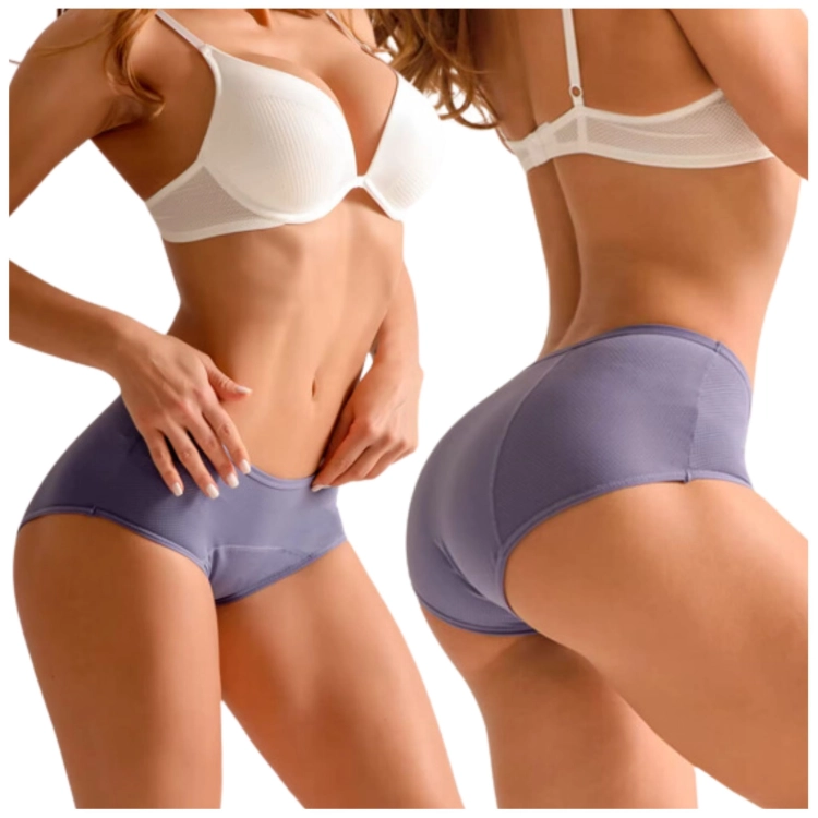 Porównanie przodu i tyłu fioletowych majtek menstruacyjnych na modelkach.