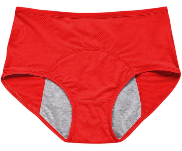 Detal wnętrza czerwonych majtek menstruacyjnych z widoczną szarą wkładką chłonną.