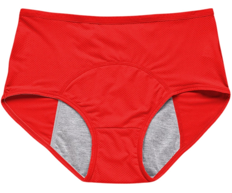 Detal wnętrza czerwonych majtek menstruacyjnych z widoczną szarą wkładką chłonną.