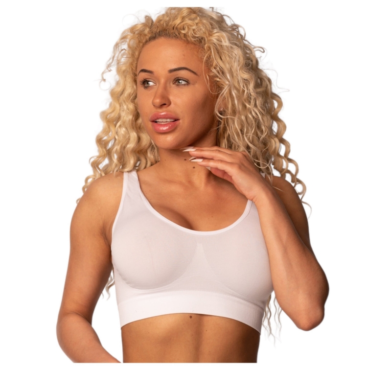 Elastyczny damski top biustonoszowy biały widok z przodu podkreślający komfortowe dopasowanie.